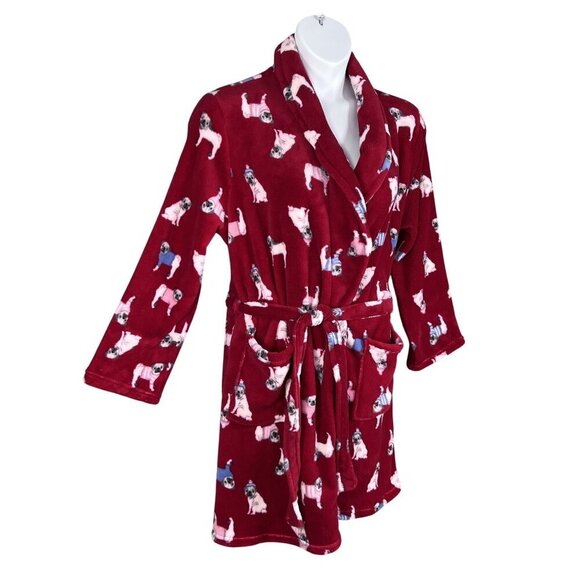 Dearfoams NWT L/XL Fleece Kimono Robe Pug Dog Print Snuggly Buddy Cozy Lounge - Picture 3 of 15